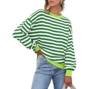 imageANRABESS Womens Oversized Striped Sweaters Long Sleeve Crewneck Casual Side Slit Pullover Tops 2025 Fall Trendy OutfitsGreen White
