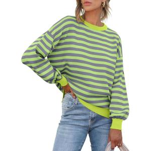imageANRABESS Womens Oversized Striped Sweaters Long Sleeve Crewneck Casual Side Slit Pullover Tops 2025 Fall Trendy OutfitsGrey Bright Green