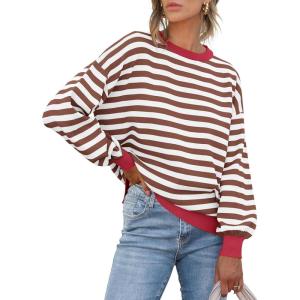 imageANRABESS Womens Oversized Striped Sweaters Long Sleeve Crewneck Casual Side Slit Pullover Tops 2025 Fall Trendy OutfitsRed White