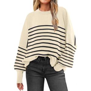 imageANRABESS Womens Oversized Sweaters Fall 2025 Fashion Crewneck Batwing Long Sleeve Side Slit Knit Pullover Sweater TopsBeige Stripe Black
