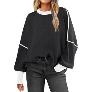 imageANRABESS Womens Oversized Sweaters Fall 2025 Fashion Crewneck Batwing Long Sleeve Side Slit Knit Pullover Sweater TopsBlack