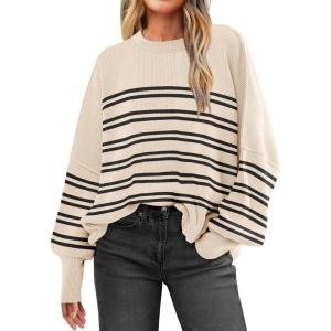 imageANRABESS Womens Oversized Sweaters Fall 2025 Fashion Crewneck Batwing Long Sleeve Side Slit Knit Pullover Sweater TopsDouble Stripe Black