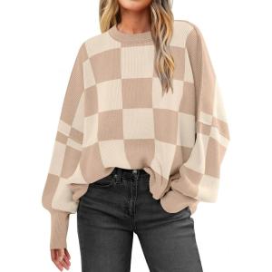imageANRABESS Womens Oversized Sweaters Fall 2025 Fashion Crewneck Batwing Long Sleeve Side Slit Knit Pullover Sweater TopsKhaki Plaid