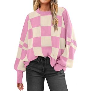 imageANRABESS Womens Oversized Sweaters Fall 2025 Fashion Crewneck Batwing Long Sleeve Side Slit Knit Pullover Sweater TopsPink Plaid