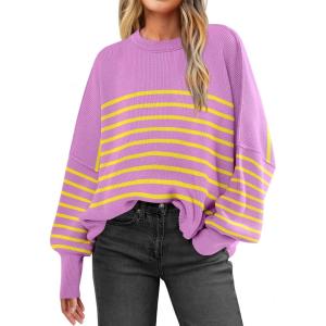 imageANRABESS Womens Oversized Sweaters Fall 2025 Fashion Crewneck Batwing Long Sleeve Side Slit Knit Pullover Sweater TopsPurple