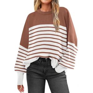 imageANRABESS Womens Oversized Sweaters Fall 2025 Fashion Crewneck Batwing Long Sleeve Side Slit Knit Pullover Sweater TopsStripe Caramel