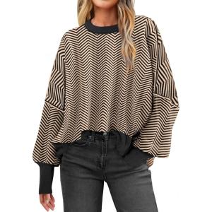 imageANRABESS Womens Oversized Sweaters Fall 2025 Fashion Crewneck Batwing Long Sleeve Side Slit Knit Pullover Sweater TopsWave Brown