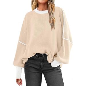 imageANRABESS Womens Oversized Sweaters Fall 2025 Fashion Crewneck Batwing Long Sleeve Side Slit Knit Pullover Sweater TopsYellow Beige
