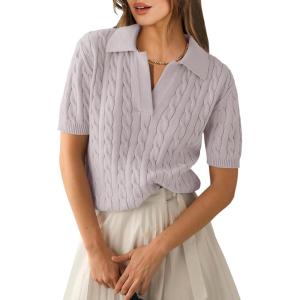imageANRABESS Womens Short Sleeve Sweaters Tops Polo V Neck Cable Knit Casual Soft Pullover Shirts 2025 Summer OutfitsGrey