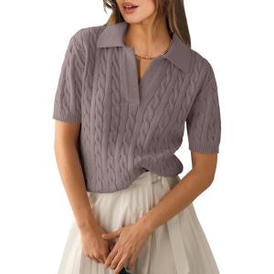 imageANRABESS Womens Short Sleeve Sweaters Tops Polo V Neck Cable Knit Casual Soft Pullover Shirts 2025 Summer OutfitsRed Apricot