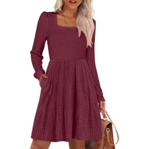 imageANRABESS Womens Square Neck Long Sleeve Fall Dress Casual Ribbed Knit Soft 2025 Trendy Short Sweater Dresses with PocketsBurgundy