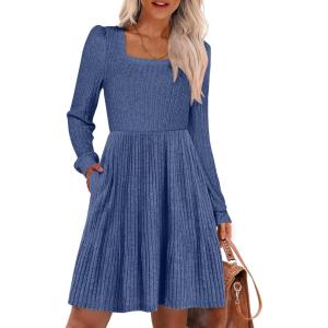 imageANRABESS Womens Square Neck Long Sleeve Fall Dress Casual Ribbed Knit Soft 2025 Trendy Short Sweater Dresses with PocketsDark Blue