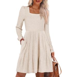 imageANRABESS Womens Square Neck Long Sleeve Fall Dress Casual Ribbed Knit Soft 2025 Trendy Short Sweater Dresses with PocketsLight Khaki