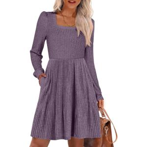 imageANRABESS Womens Square Neck Long Sleeve Fall Dress Casual Ribbed Knit Soft 2025 Trendy Short Sweater Dresses with PocketsPurple