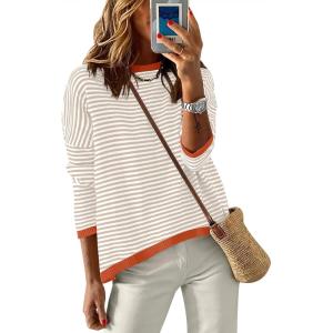 imageANRABESS Womens Striped Sweaters Long Sleeve Top Crewneck Color Block Casual Loose Knitted Pullover Shirts 2025 Fall OutfitsApricot White Orange