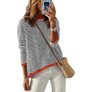 imageANRABESS Womens Striped Sweaters Long Sleeve Top Crewneck Color Block Casual Loose Knitted Pullover Shirts 2025 Fall OutfitsBlack White Orange
