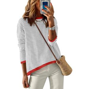 imageANRABESS Womens Striped Sweaters Long Sleeve Top Crewneck Color Block Casual Loose Knitted Pullover Shirts 2025 Fall OutfitsGrey White Orange