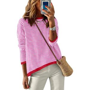 imageANRABESS Womens Striped Sweaters Long Sleeve Top Crewneck Color Block Casual Loose Knitted Pullover Shirts 2025 Fall OutfitsRed White Pink
