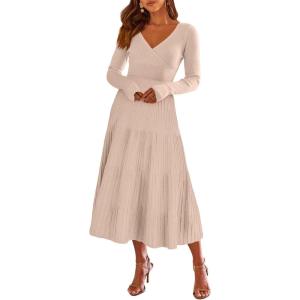 imageANRABESS Womens Wrap Midi Sweater Dresses Long Sleeve V Neck Ribbed Knit Bodycon High Waist Pleated ALine Dress 2025 TrendyAlmond