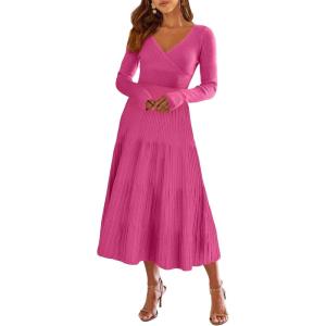 imageANRABESS Womens Wrap Midi Sweater Dresses Long Sleeve V Neck Ribbed Knit Bodycon High Waist Pleated ALine Dress 2025 TrendyHot Pink