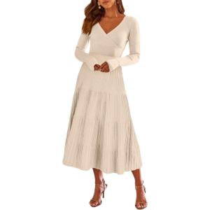 imageANRABESS Womens Wrap Midi Sweater Dresses Long Sleeve V Neck Ribbed Knit Bodycon High Waist Pleated ALine Dress 2025 TrendyKhaki