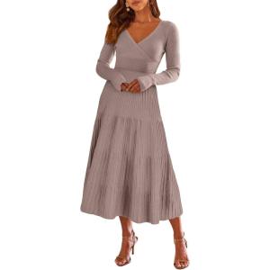 imageANRABESS Womens Wrap Midi Sweater Dresses Long Sleeve V Neck Ribbed Knit Bodycon High Waist Pleated ALine Dress 2025 TrendyPink Almond