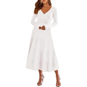 imageANRABESS Womens Wrap Midi Sweater Dresses Long Sleeve V Neck Ribbed Knit Bodycon High Waist Pleated ALine Dress 2025 TrendyWhite