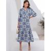 imageANRABESS Women Summer Dress 2025 34 Puff Sleeve Polo V Neck Floral Print Casual Boho Shirt Maxi Dress Beach Vacation ClothesBlue Khaki