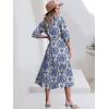 imageANRABESS Women Summer Dress 2025 34 Puff Sleeve Polo V Neck Floral Print Casual Boho Shirt Maxi Dress Beach Vacation ClothesBlue Khaki