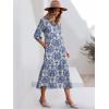 imageANRABESS Women Summer Dress 2025 34 Puff Sleeve Polo V Neck Floral Print Casual Boho Shirt Maxi Dress Beach Vacation ClothesBlue Khaki