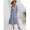 imageANRABESS Women Summer Dress 2025 34 Puff Sleeve Polo V Neck Floral Print Casual Boho Shirt Maxi Dress Beach Vacation ClothesBlue Khaki