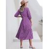 imageANRABESS Women Summer Dress 2025 34 Puff Sleeve Polo V Neck Floral Print Casual Boho Shirt Maxi Dress Beach Vacation ClothesPurple Floral
