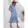 imageANRABESS Women Summer Dress 2025 34 Puff Sleeve Polo V Neck Floral Print Casual Boho Shirt Maxi Dress Beach Vacation ClothesStripe Blue White