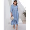 imageANRABESS Women Summer Dress 2025 34 Puff Sleeve Polo V Neck Floral Print Casual Boho Shirt Maxi Dress Beach Vacation ClothesStripe Blue White