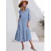 imageANRABESS Women Summer Dress 2025 34 Puff Sleeve Polo V Neck Floral Print Casual Boho Shirt Maxi Dress Beach Vacation ClothesStripe Blue White