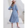 imageANRABESS Women Summer Dress 2025 34 Puff Sleeve Polo V Neck Floral Print Casual Boho Shirt Maxi Dress Beach Vacation ClothesStripe Blue White