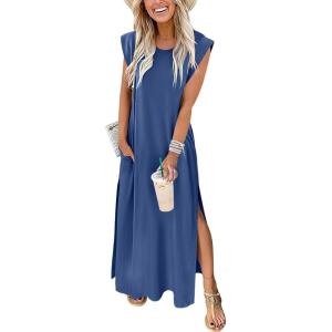 imageANRABESS Summer Dress for Women 2025 Maxi Sundresses Casual Cap Sleeve Crew Neck Loose Split Beach Travel Vacation OutfitsDark Blue