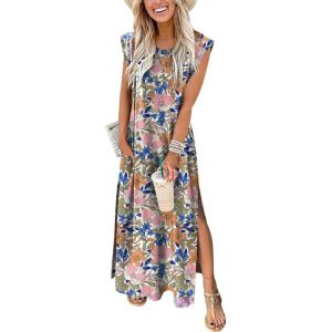 imageANRABESS Summer Dress for Women 2025 Maxi Sundresses Casual Cap Sleeve Crew Neck Loose Split Beach Travel Vacation OutfitsFloral Blue Orange Pink