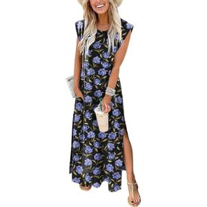 imageANRABESS Summer Dress for Women 2025 Maxi Sundresses Casual Cap Sleeve Crew Neck Loose Split Beach Travel Vacation OutfitsFloral Blue Roses