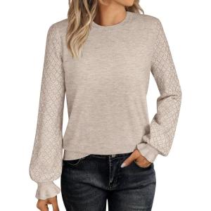 imageANRABESS Sweaters for Women Lace Long Sleeve Tops 2025 Fall Dressy Casual Business Knitted Pullover Shirts Puff Cuffs OutfitsAlmond