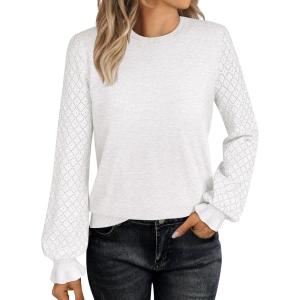 imageANRABESS Sweaters for Women Lace Long Sleeve Tops 2025 Fall Dressy Casual Business Knitted Pullover Shirts Puff Cuffs OutfitsWhite