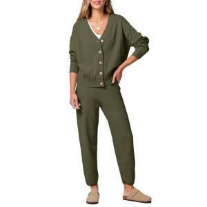 imageANRABESS Women 2 Piece Lounge Sets 2025 Fall Outfits Casual Waffle Knit Cardigan Sweater Pant Set Travel Airport ClothesArmy Green