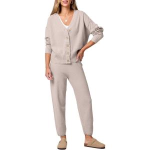 imageANRABESS Women 2 Piece Lounge Sets 2025 Fall Outfits Casual Waffle Knit Cardigan Sweater Pant Set Travel Airport ClothesBeige