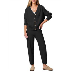 imageANRABESS Women 2 Piece Lounge Sets 2025 Fall Outfits Casual Waffle Knit Cardigan Sweater Pant Set Travel Airport ClothesBlack