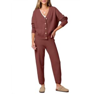 imageANRABESS Women 2 Piece Lounge Sets 2025 Fall Outfits Casual Waffle Knit Cardigan Sweater Pant Set Travel Airport ClothesBrick Red