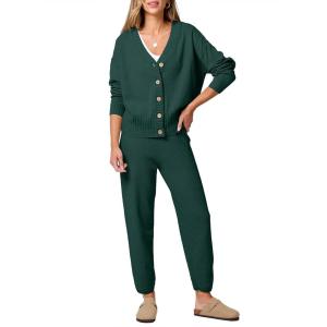 imageANRABESS Women 2 Piece Lounge Sets 2025 Fall Outfits Casual Waffle Knit Cardigan Sweater Pant Set Travel Airport ClothesDeep Green