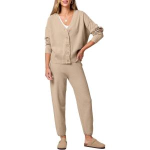 imageANRABESS Women 2 Piece Lounge Sets 2025 Fall Outfits Casual Waffle Knit Cardigan Sweater Pant Set Travel Airport ClothesKhaki