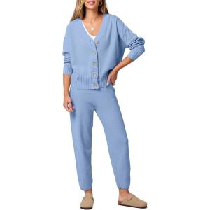 imageANRABESS Women 2 Piece Lounge Sets 2025 Fall Outfits Casual Waffle Knit Cardigan Sweater Pant Set Travel Airport ClothesSky