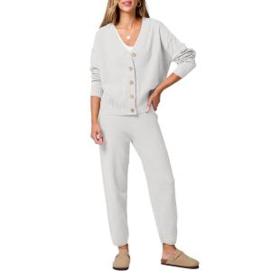 imageANRABESS Women 2 Piece Lounge Sets 2025 Fall Outfits Casual Waffle Knit Cardigan Sweater Pant Set Travel Airport ClothesWhite