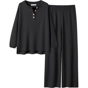 imageANRABESS Women 2 Piece Outfits Oversized Loose Waffle Knit Sweater Set 2025 Fall Trendy Matching Lounge Sets Cozy ClothesBlack